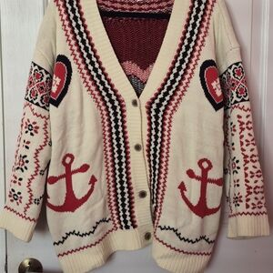 Antho Anchor And Heart Patterned Cream and Red Women's Sweater M